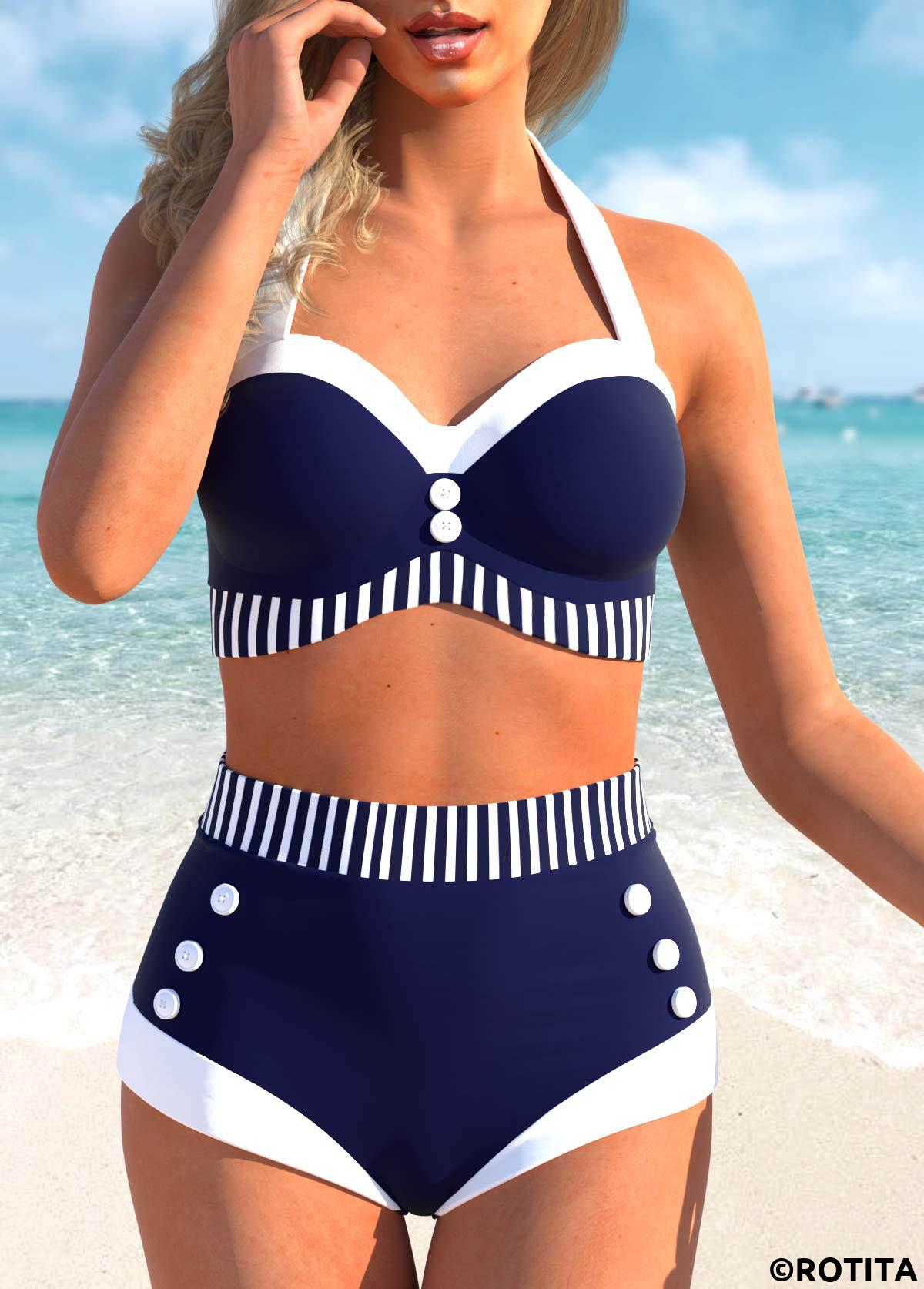 Navy swimwear,Striped swimwear,Geometric swimwear,ROTITA Button Navy Striped High Waisted Bikini Set