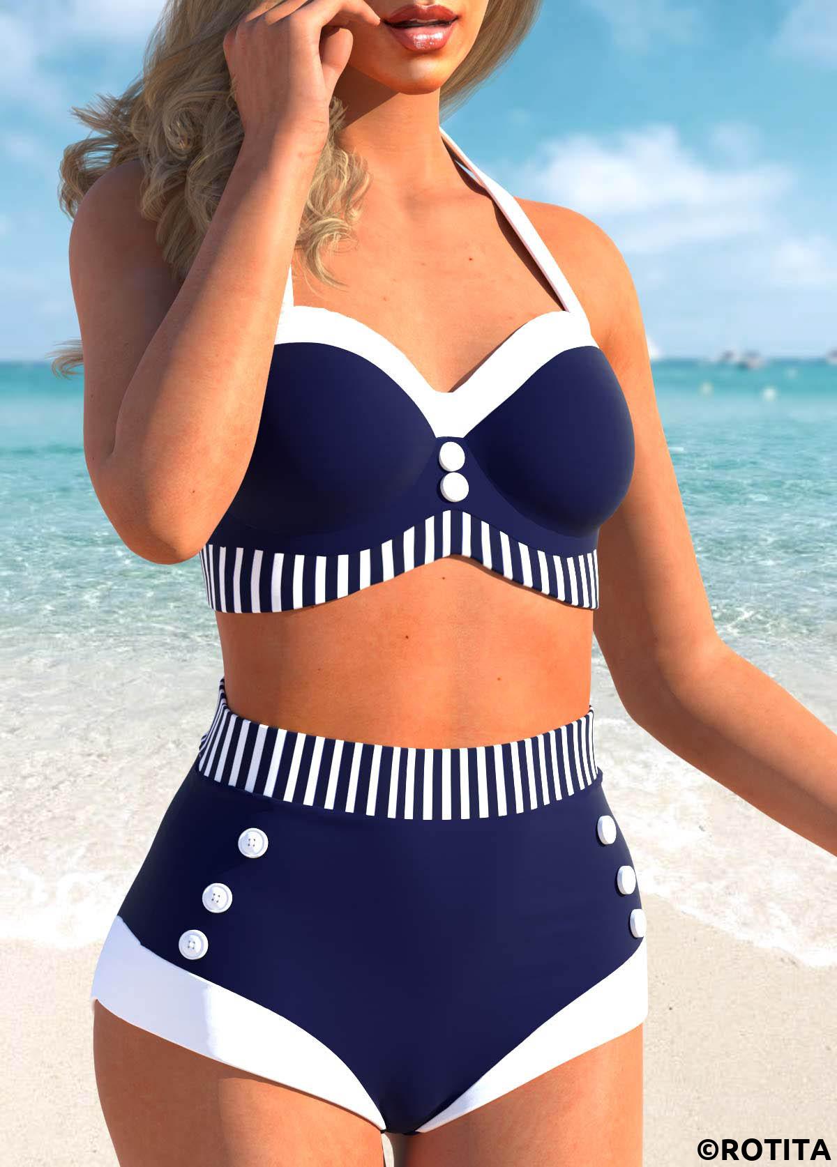 Navy swimwear,Striped swimwear,Geometric swimwear,ROTITA Button Navy Striped High Waisted Bikini Set