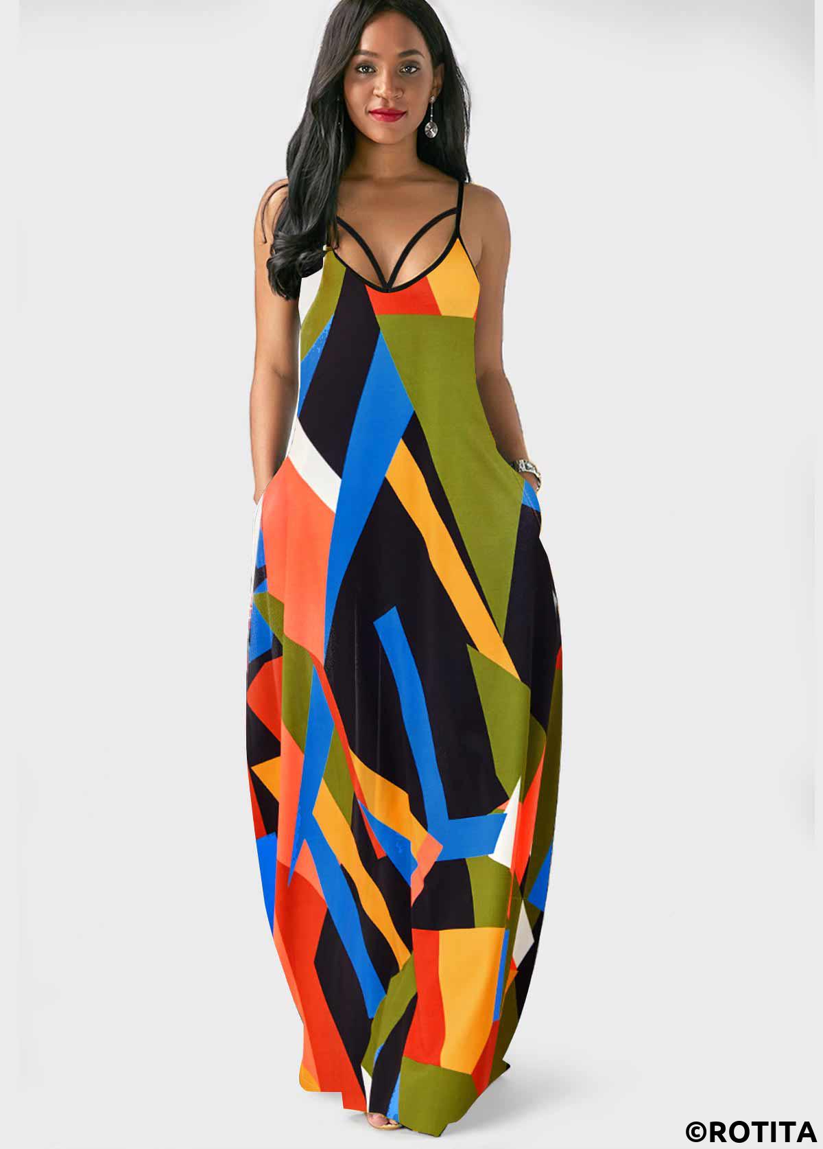 Multi Color dresses,Rainbow Color dresses,Geometric dresses,Party dresses,Elegant dresses,Spaghetti Strap Geometric Print Double Side Pockets Dress