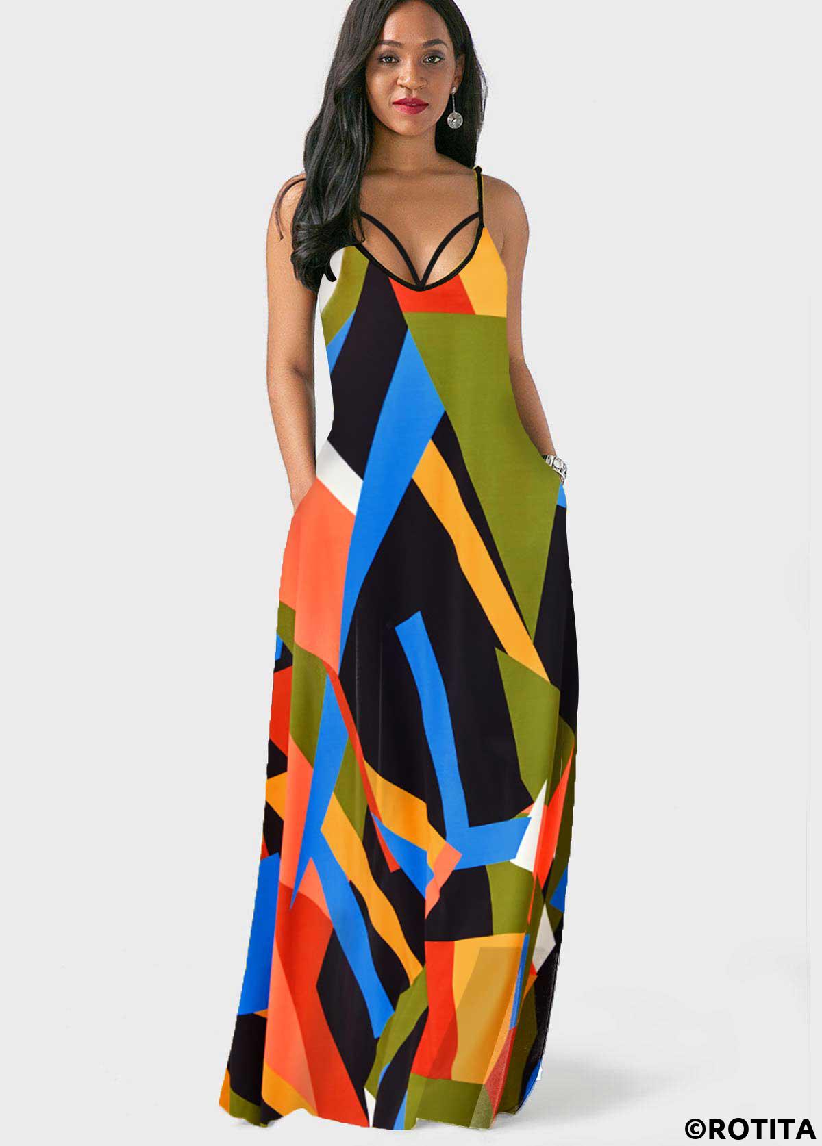 Multi Color dresses,Rainbow Color dresses,Geometric dresses,Party dresses,Elegant dresses,Spaghetti Strap Geometric Print Double Side Pockets Dress