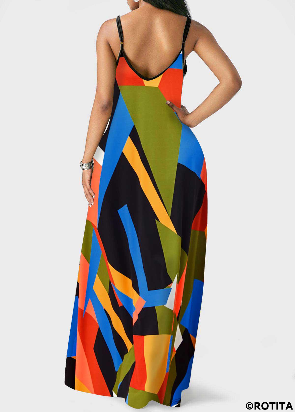 Multi Color dresses,Rainbow Color dresses,Geometric dresses,Party dresses,Elegant dresses,Spaghetti Strap Geometric Print Double Side Pockets Dress