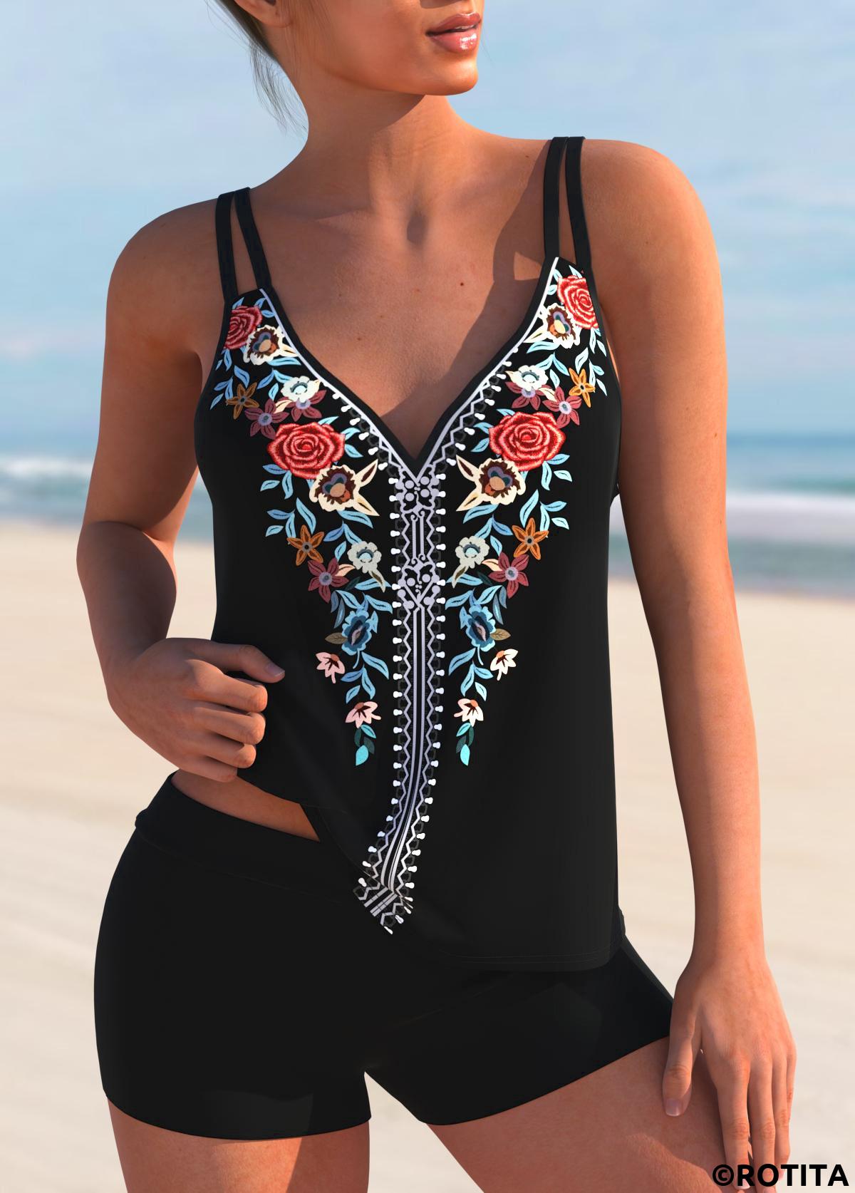 Multi Color swimwear,Tribal swimwear,ROTITA Double Straps Multi Color Tribal Print Tankini Top