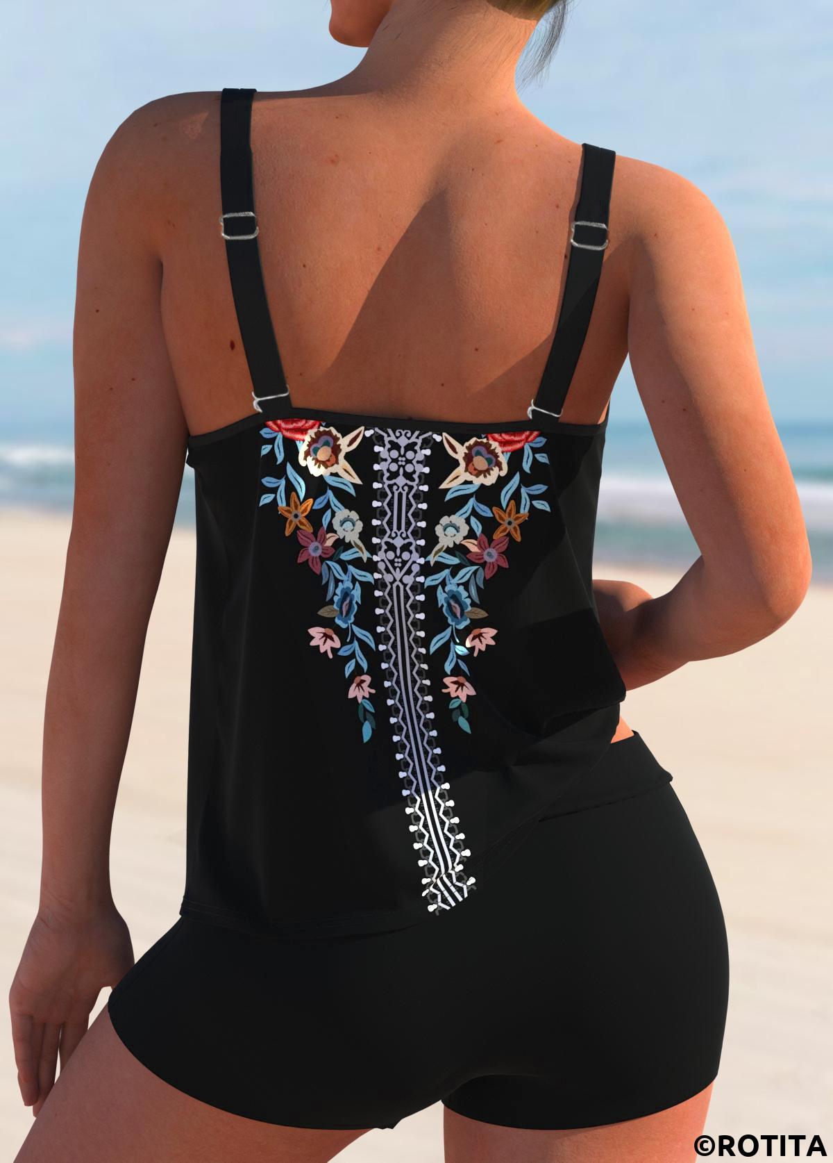 Multi Color swimwear,Tribal swimwear,ROTITA Double Straps Multi Color Tribal Print Tankini Top