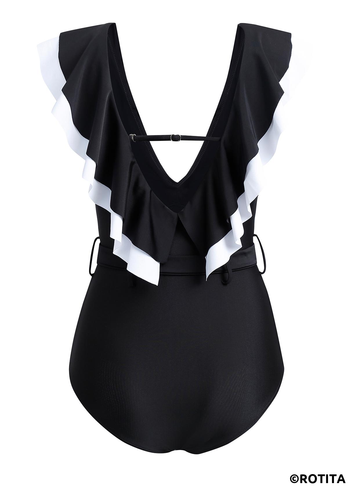 Black swimwear,Contrast Color swimwear,ROTITA Flounce Black Buckle Detail One Piece Swimwear