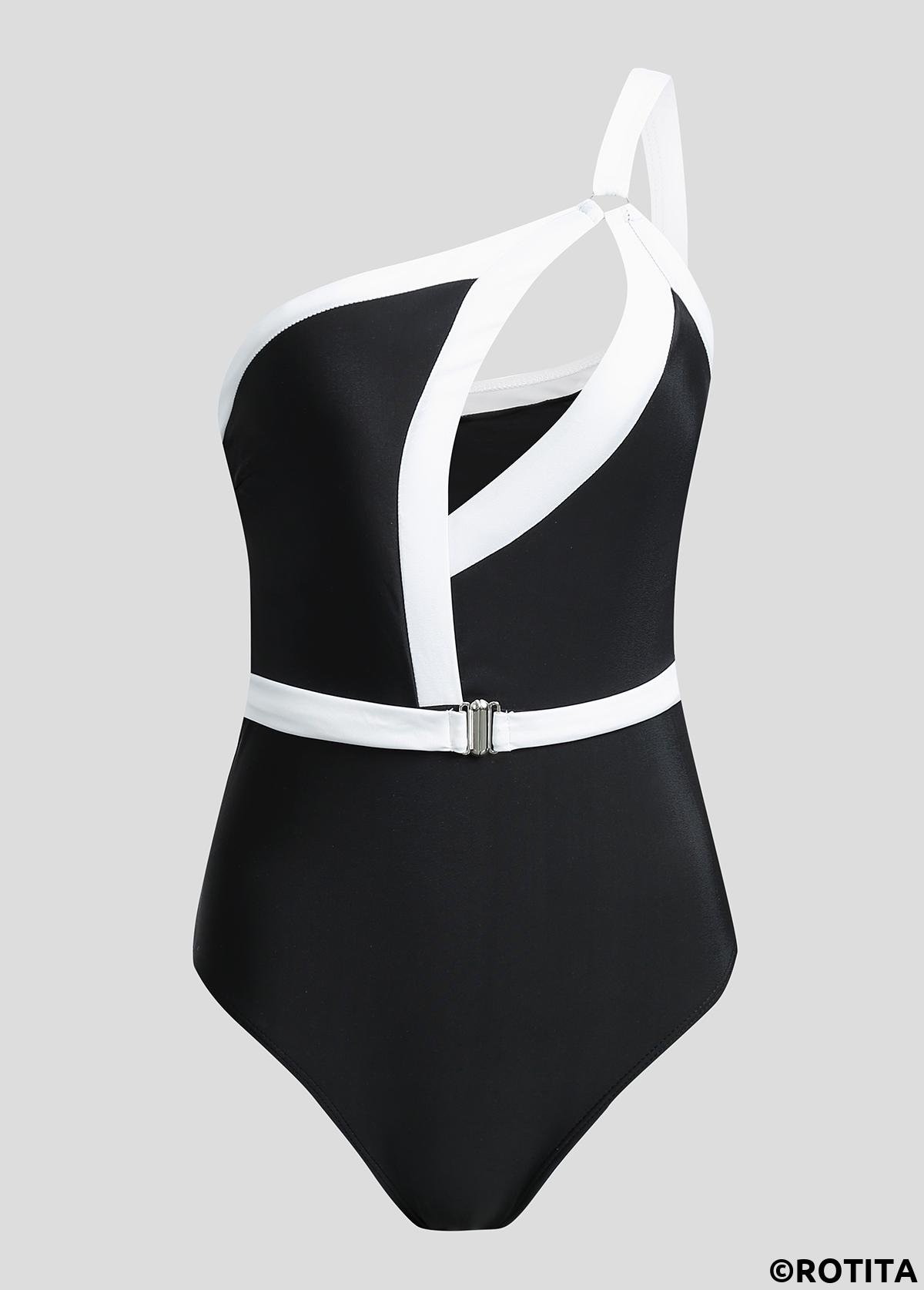 Black swimwear,Contrast Color swimwear,ROTITA Contrast Cutout White One Piece Swimwear