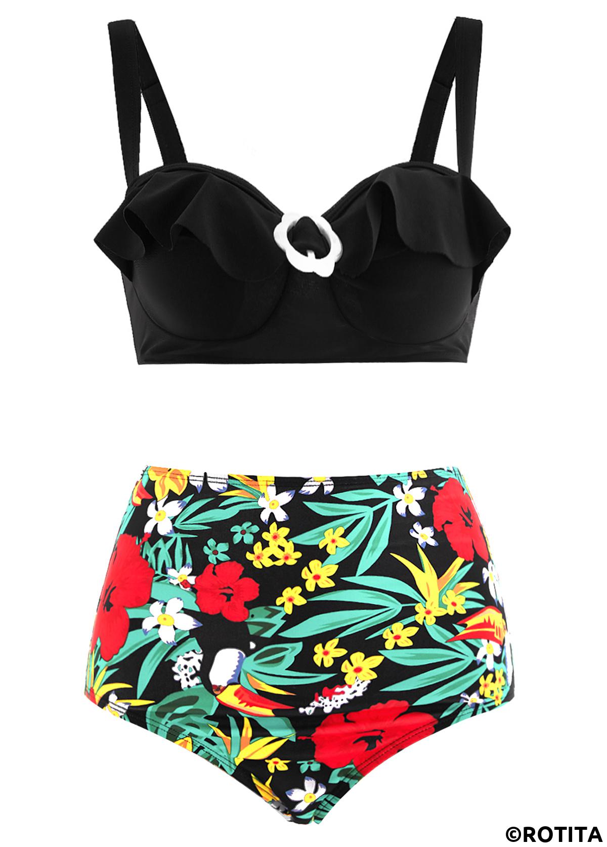 Rotita-Bikini-Set mit Blumendruck hoher Taille und dekorativem Ring-Volant