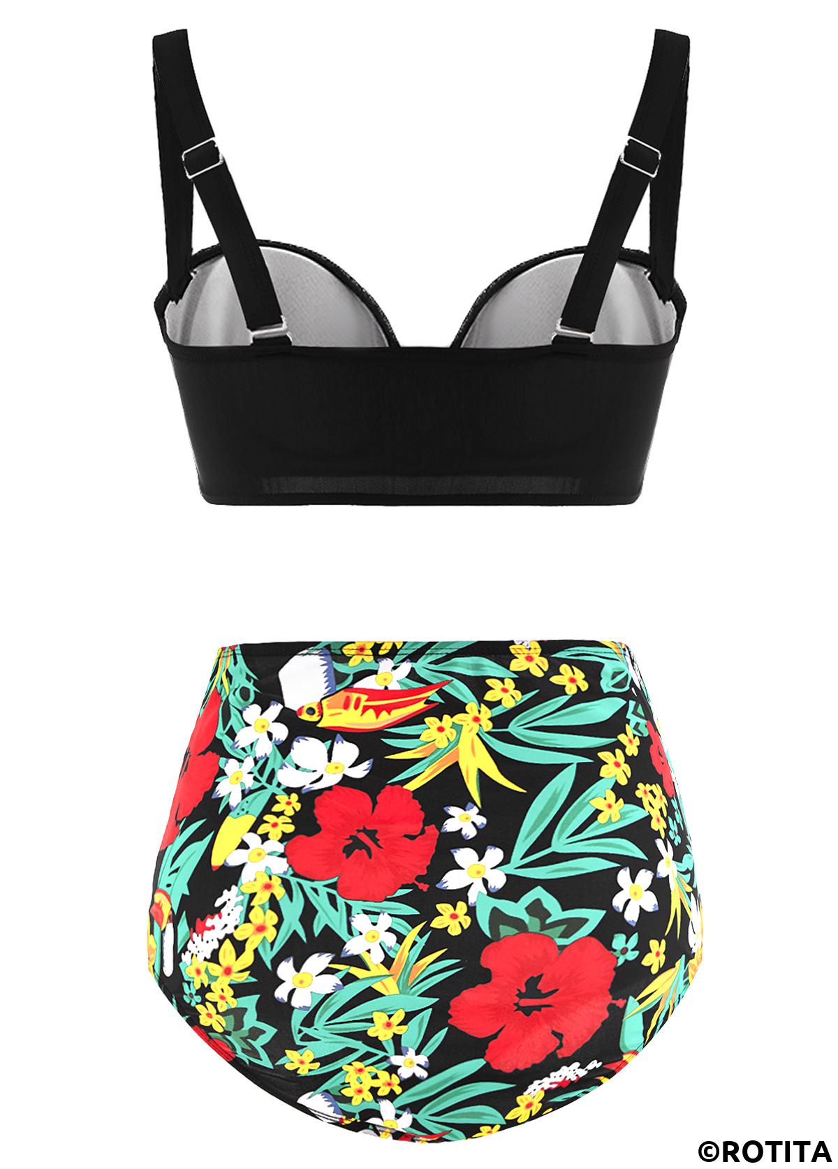Rotita-Bikini-Set mit Blumendruck hoher Taille und dekorativem Ring-Volant
