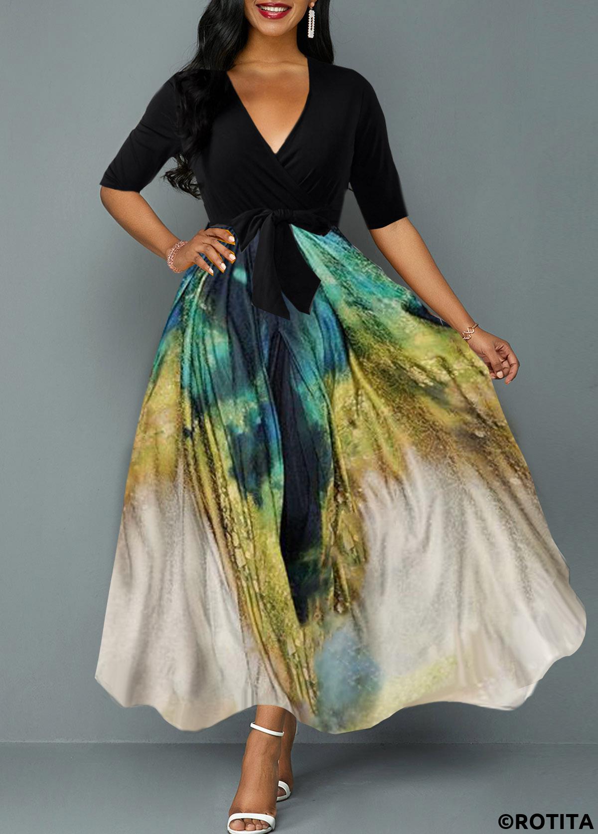 Black dresses,Tie Dye dresses,Party dresses,Elegant dresses,ROTITA Plunging Neck Tie Dye Print Belted Maxi Dress