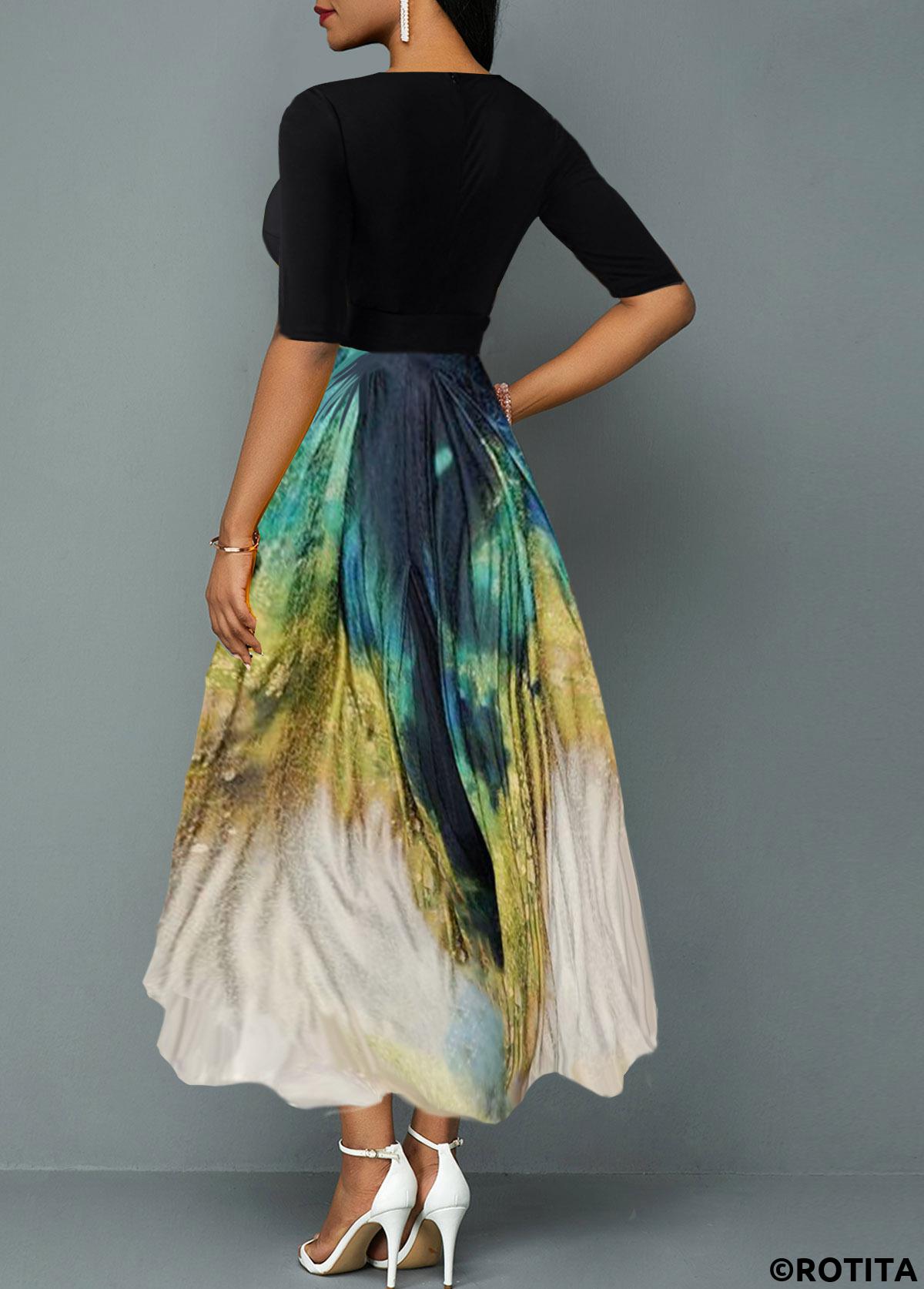 Black dresses,Tie Dye dresses,Party dresses,Elegant dresses,ROTITA Plunging Neck Tie Dye Print Belted Maxi Dress