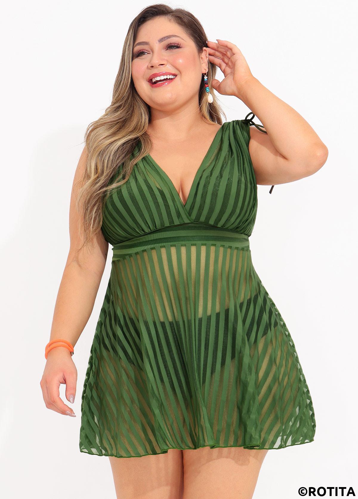 Olive Green plus size,Striped plus size,ROTITA Striped Plus Size Olive Green Swimdress Top