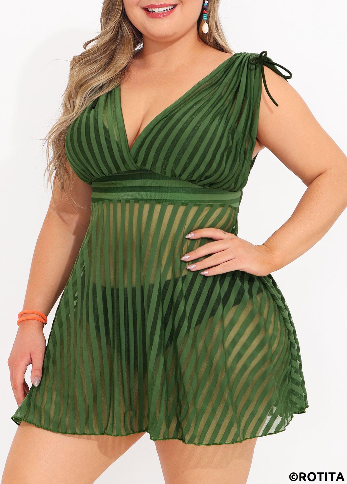 Olive Green plus size,Striped plus size,ROTITA Striped Plus Size Olive Green Swimdress Top