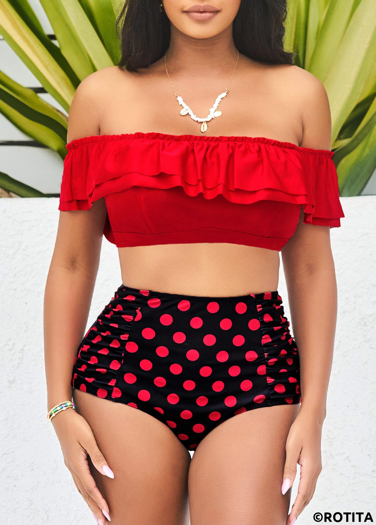 Red swimwear,Dot swimwear,ROTITA Polka Dot High Waist Flounce Smocked Red Bikini Set
