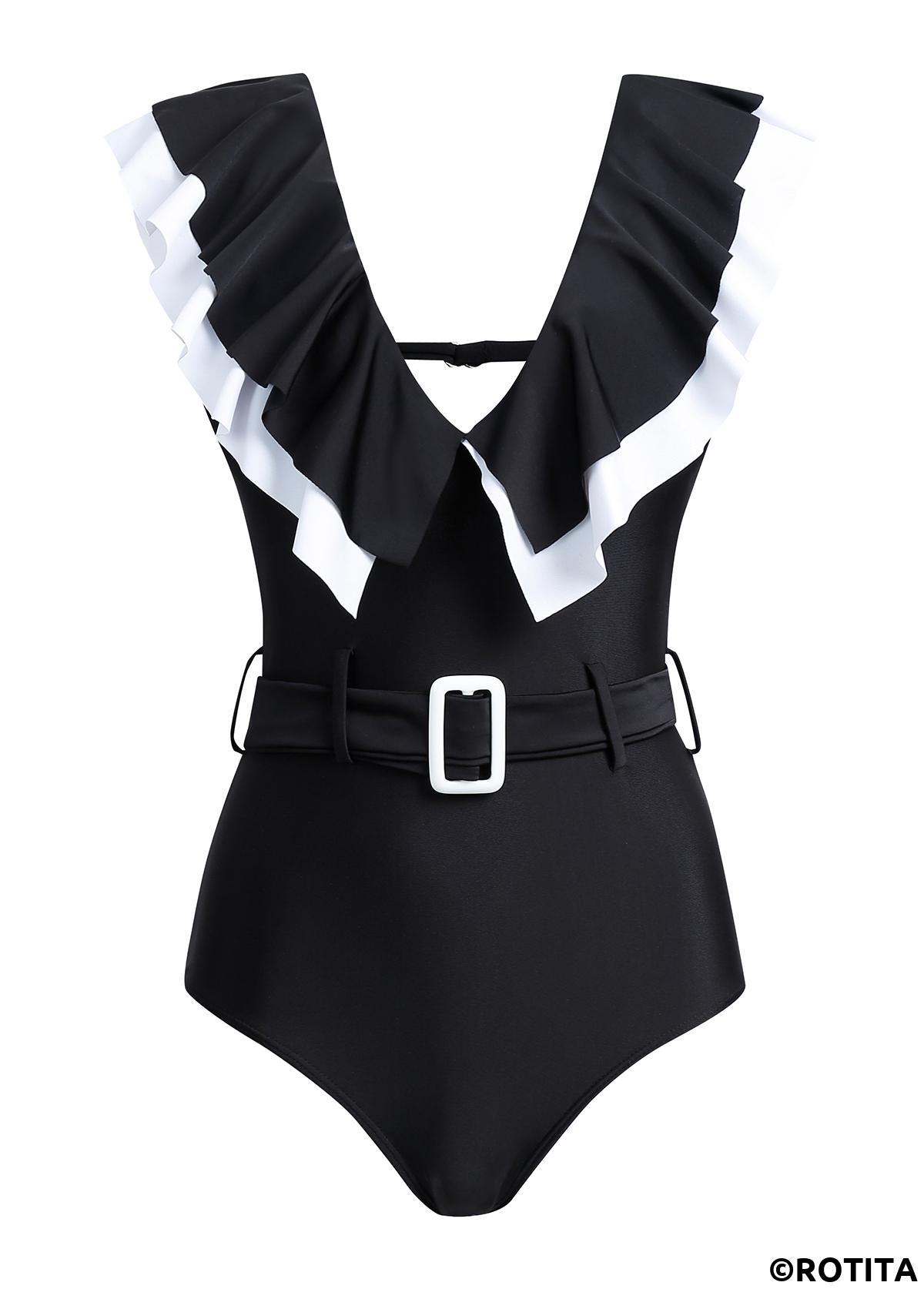 Black swimwear,Contrast Color swimwear,ROTITA Flounce Black Buckle Detail One Piece Swimwear