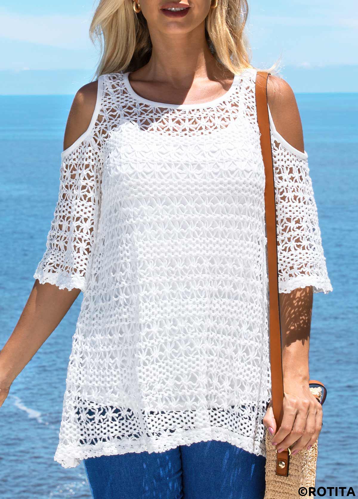 White tops,Plain Color tops,ROTITA Woven Fabric Cold Shoulder T Shirt and White Tank Top