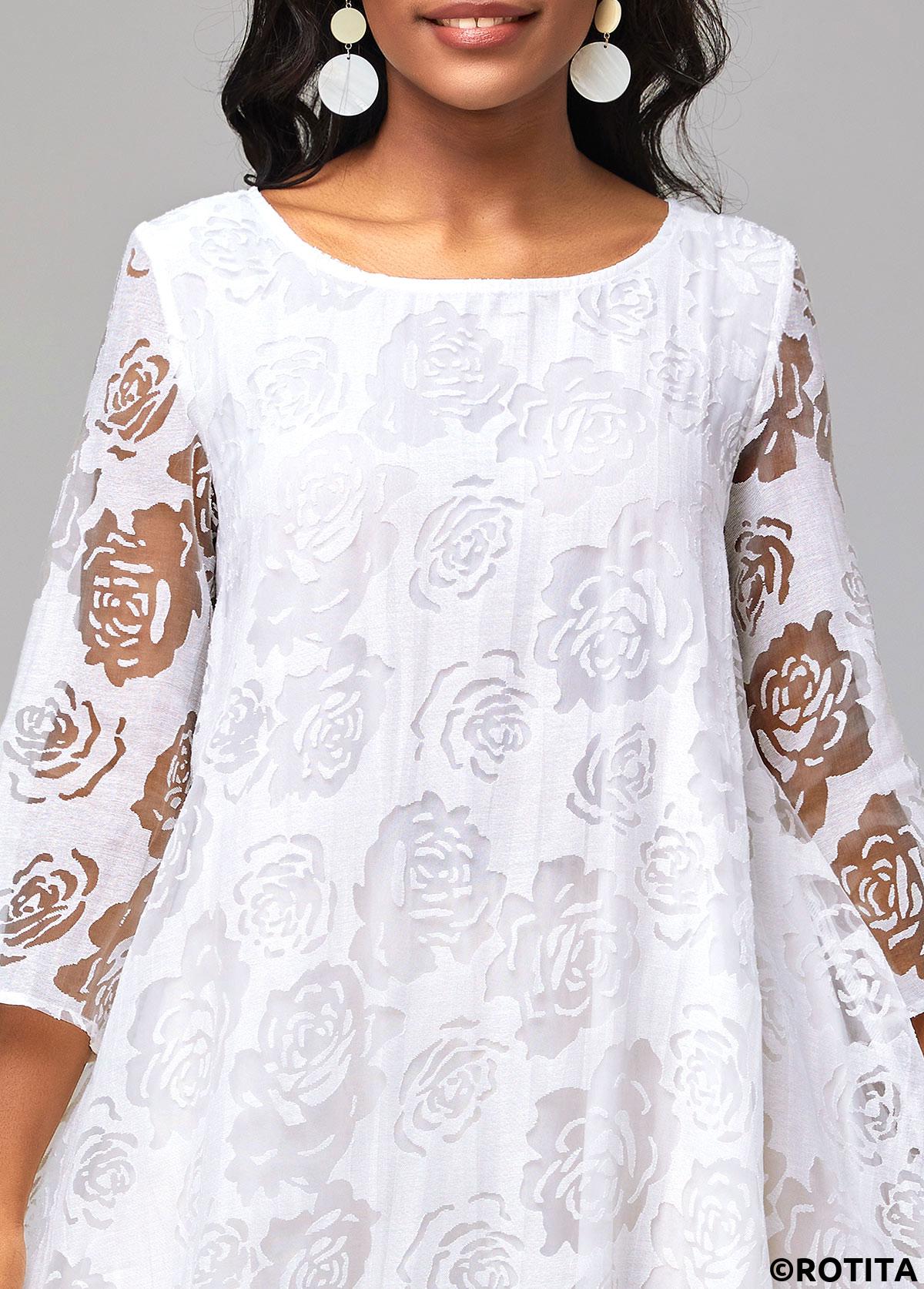 White dresses,Plain Color dresses,Party dresses,Elegant dresses,Asymmetry White A Line Boat Neck 3/4 Sleeve Dress