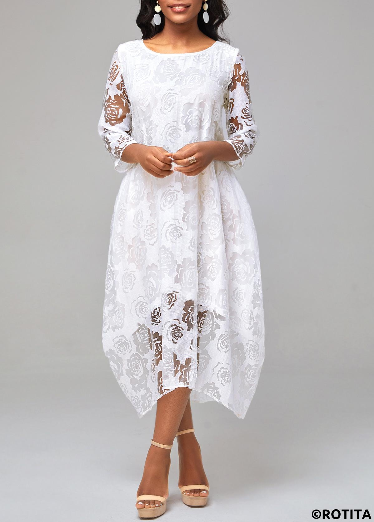 White dresses,Plain Color dresses,Party dresses,Elegant dresses,Asymmetry White A Line Boat Neck 3/4 Sleeve Dress