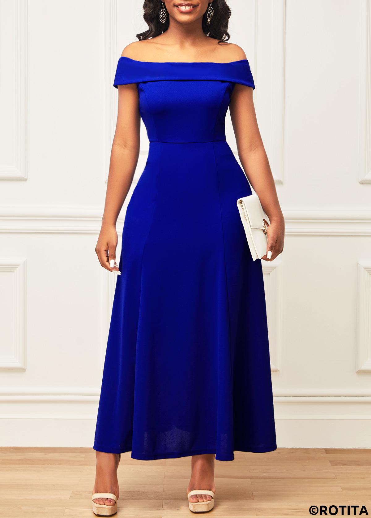 Blue dresses,Plain Color dresses,Party dresses,Elegant dresses,ROTITA Blue Off Shoulder Short Sleeve Maxi Dress