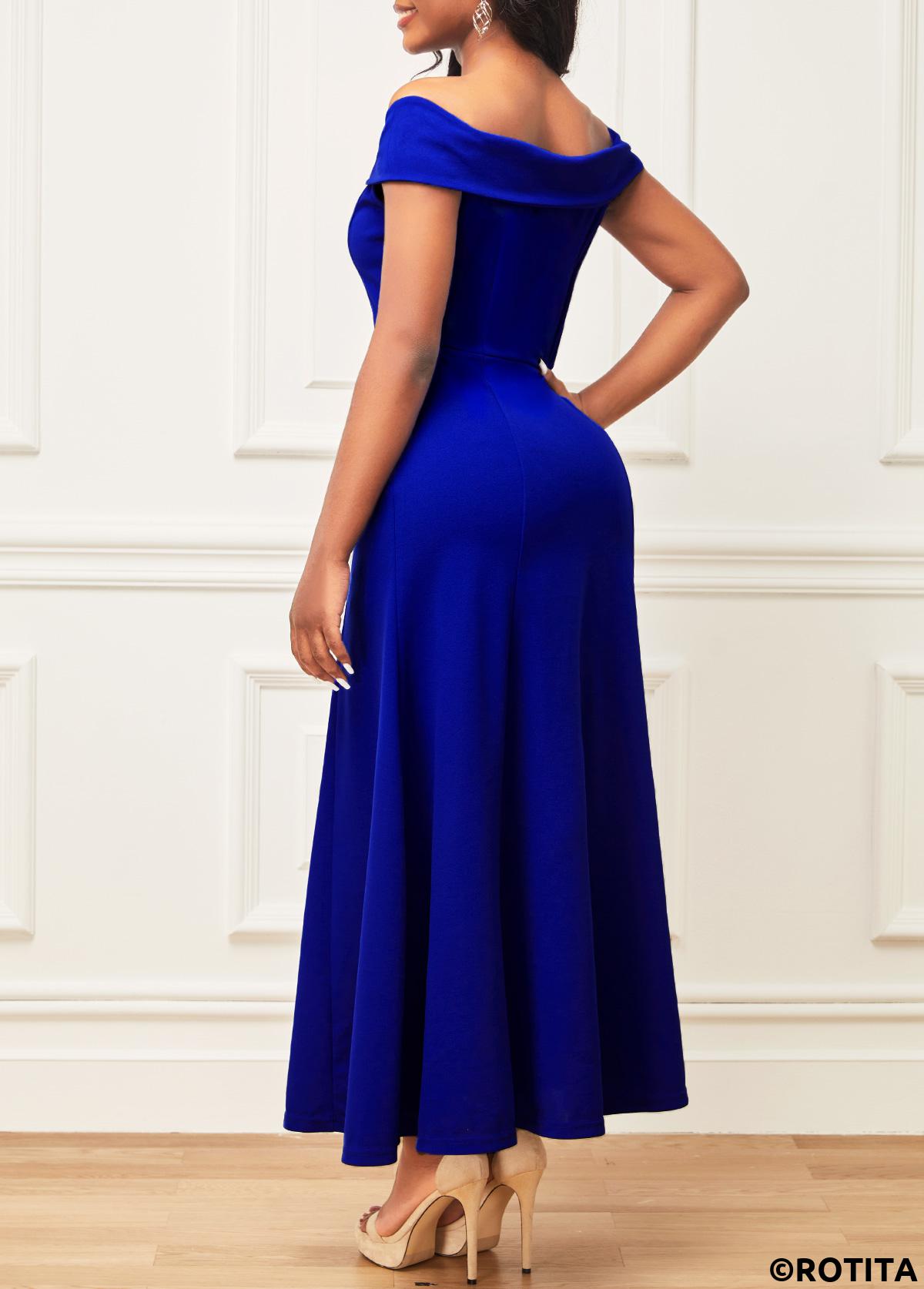 Blue dresses,Plain Color dresses,Party dresses,Elegant dresses,ROTITA Blue Off Shoulder Short Sleeve Maxi Dress
