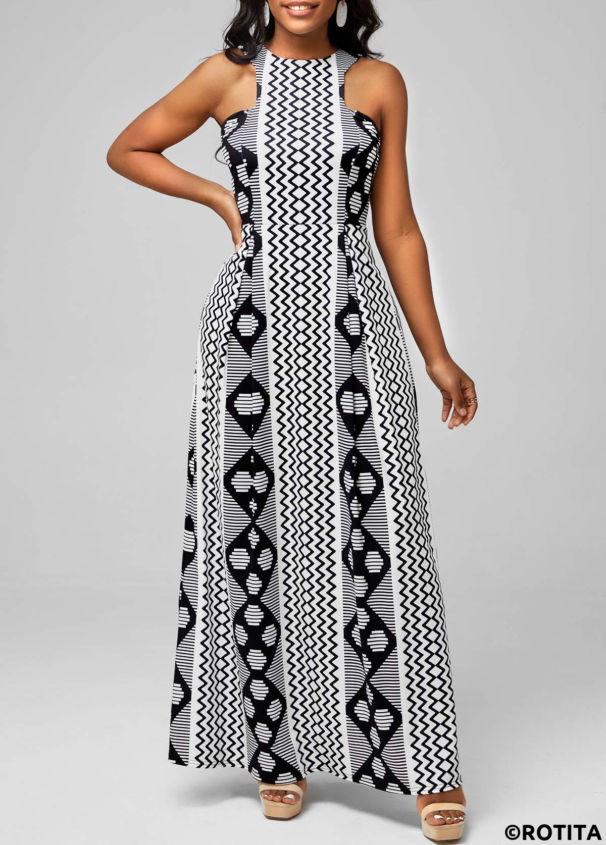 ROTITA Black Bib Neck Geometric Print Dress