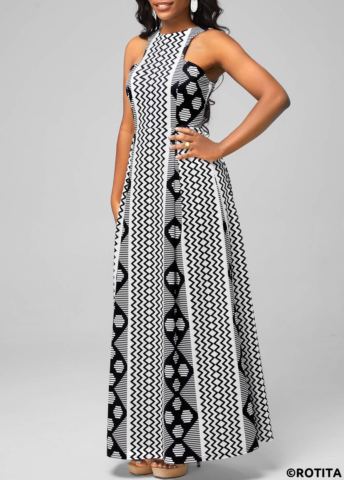 ROTITA Black Bib Neck Geometric Print Dress