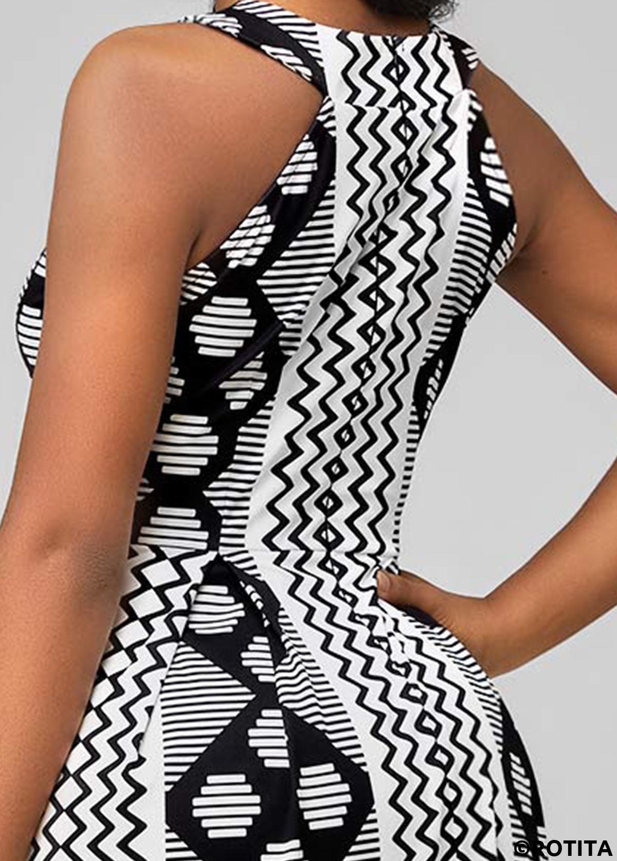 ROTITA Black Bib Neck Geometric Print Dress