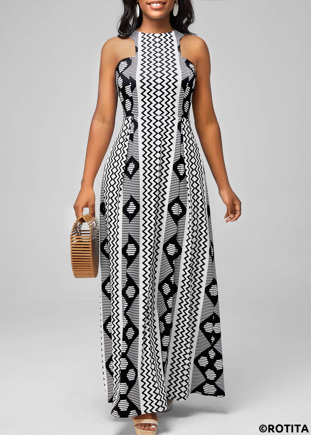 Black dresses,Geometric dresses,Party dresses,Elegant dresses,ROTITA Geometric Print Black Maxi Round Neck Sleeveless Dress