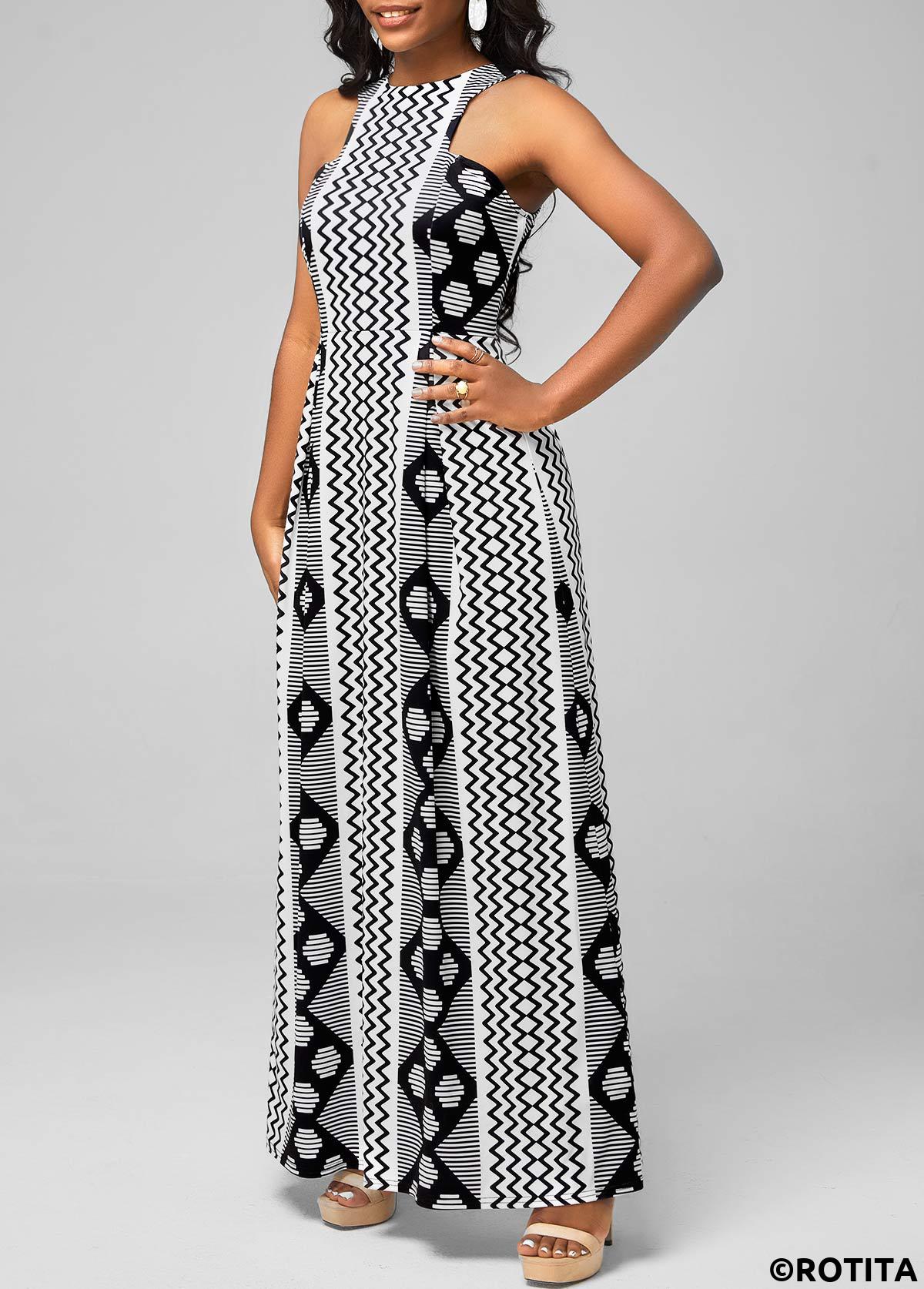 Black dresses,Geometric dresses,Party dresses,Elegant dresses,ROTITA Geometric Print Black Maxi Round Neck Sleeveless Dress