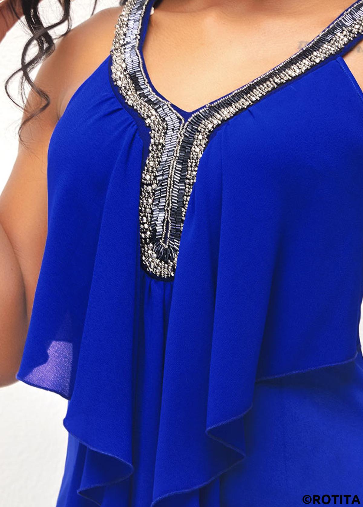 Royal Blue tops,Plain Color tops,ROTITA Embellished Neck Royal Blue Flounce Sleeveless T Shirt