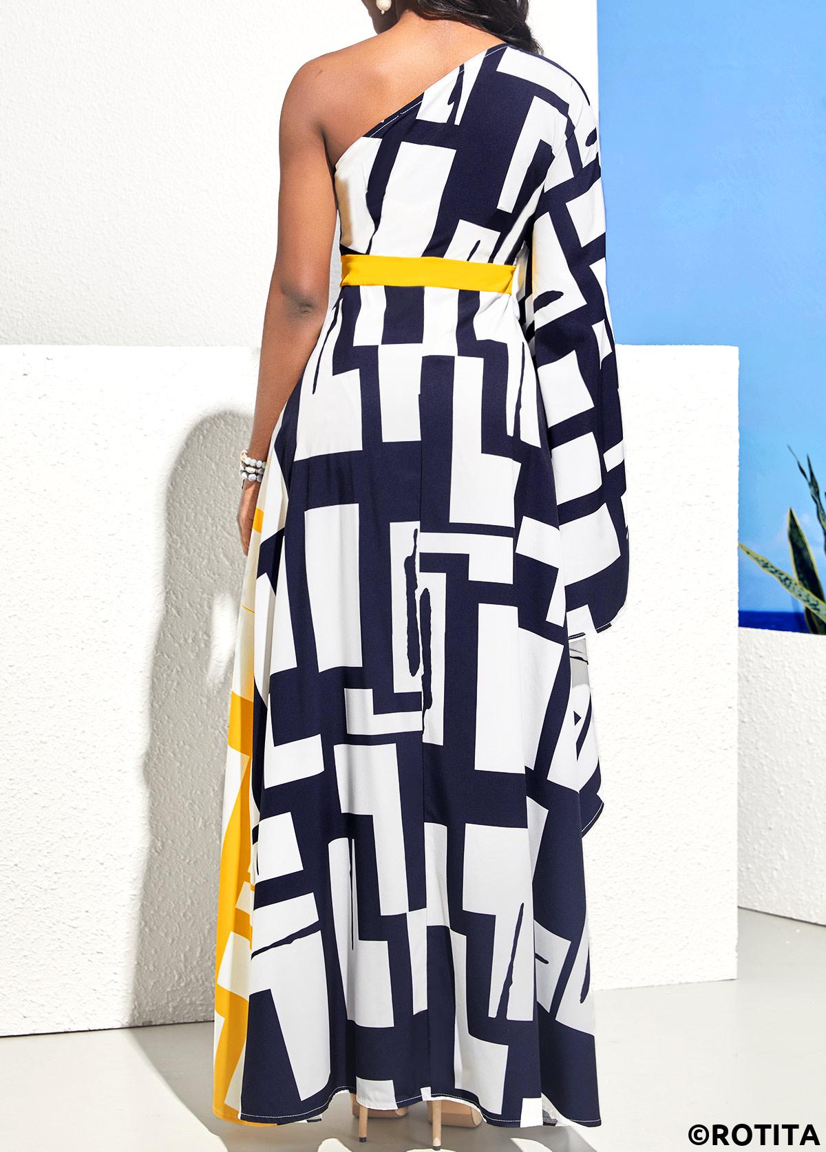 Geometric dresses,Party dresses,Elegant dresses,ROTITA One Shoulder Geometric Print Navy Blue Maxi Dress