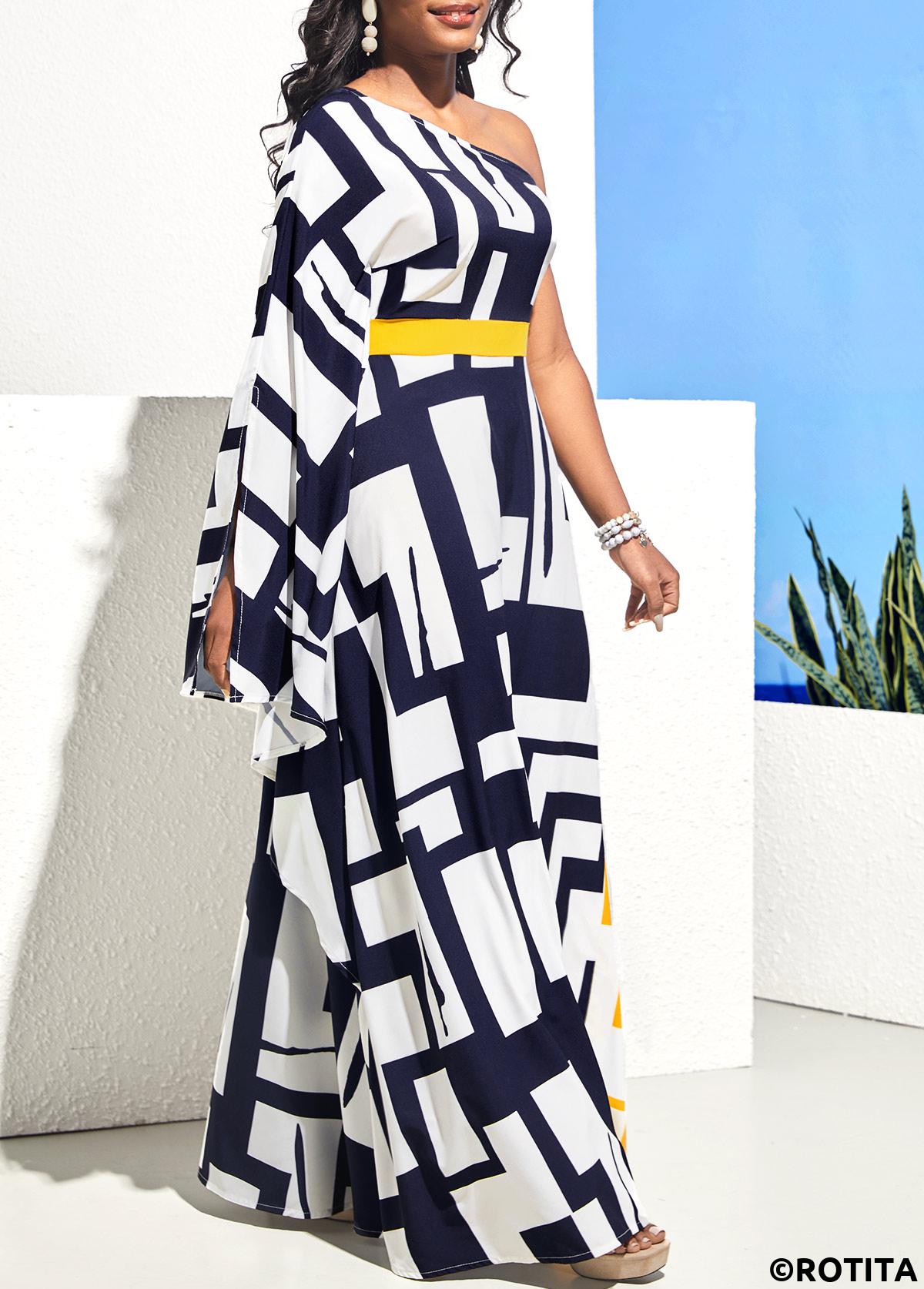 Geometric dresses,Party dresses,Elegant dresses,ROTITA One Shoulder Geometric Print Navy Blue Maxi Dress