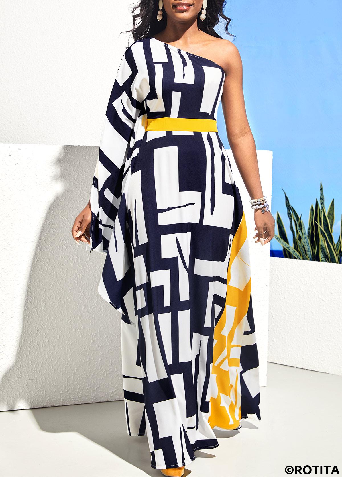 Geometric dresses,Party dresses,Elegant dresses,ROTITA One Shoulder Geometric Print Navy Blue Maxi Dress