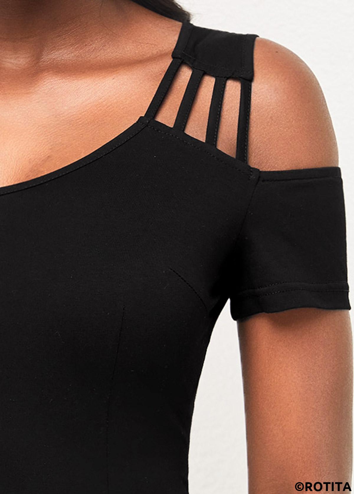 Black tops,Plain Color tops,ROTITA Cold Shoulder Black Short Sleeve T Shirt