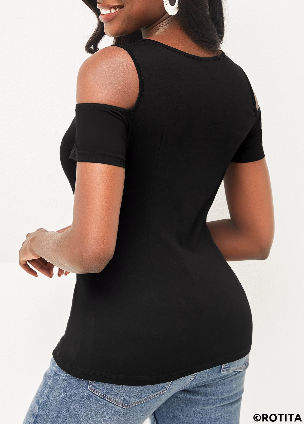 Black tops,Plain Color tops,ROTITA Cold Shoulder Black Short Sleeve T Shirt