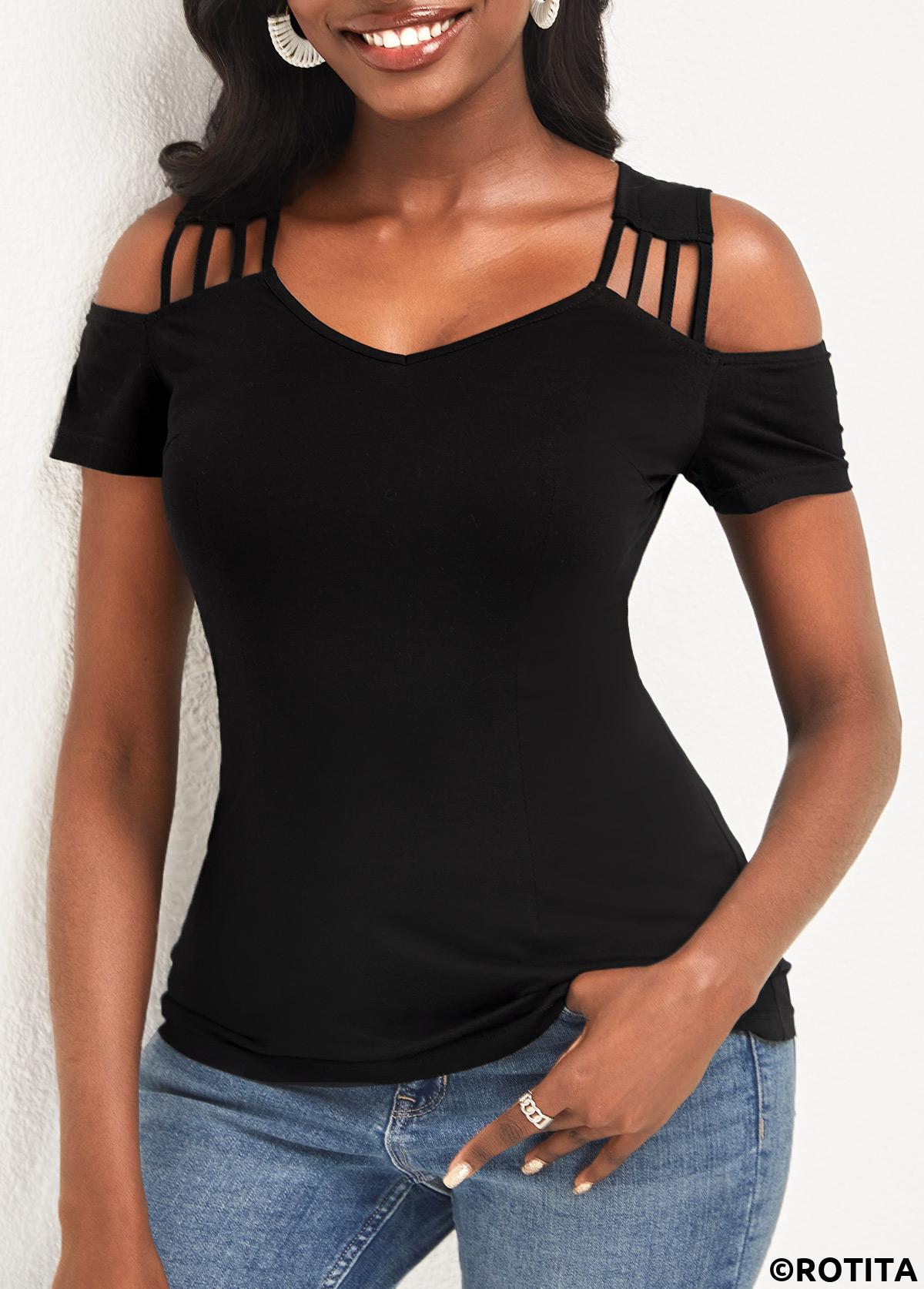 Black tops,Plain Color tops,ROTITA Cold Shoulder Black Short Sleeve T Shirt