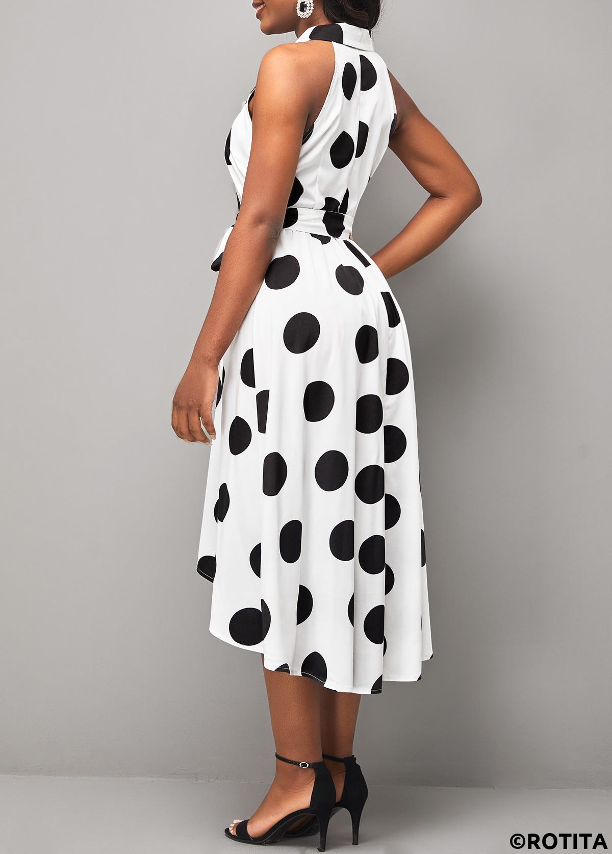 White dresses,Dot dresses,Party dresses,Elegant dresses,ROTITA Turndown Collar Belted Polka Dot White Dress