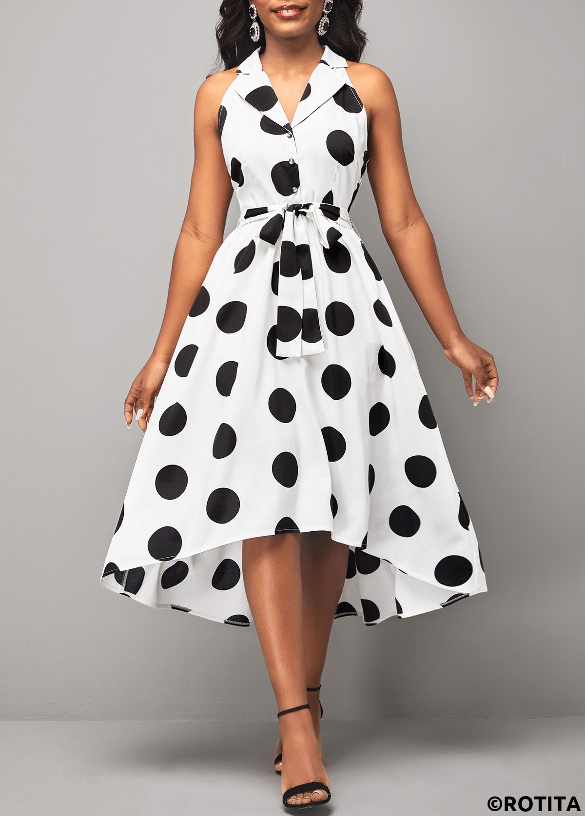White dresses,Dot dresses,Party dresses,Elegant dresses,ROTITA Turndown Collar Belted Polka Dot White Dress