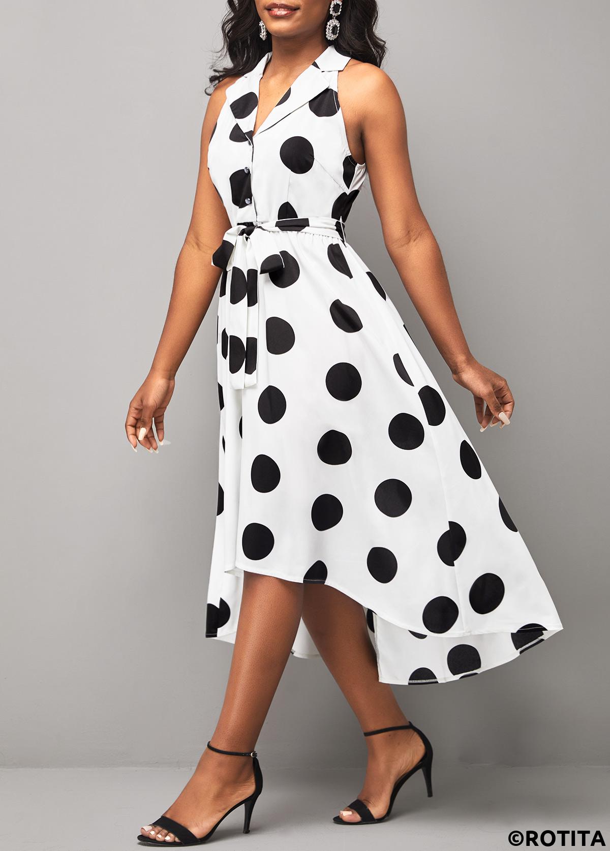 White dresses,Dot dresses,Party dresses,Elegant dresses,ROTITA Turndown Collar Belted Polka Dot White Dress