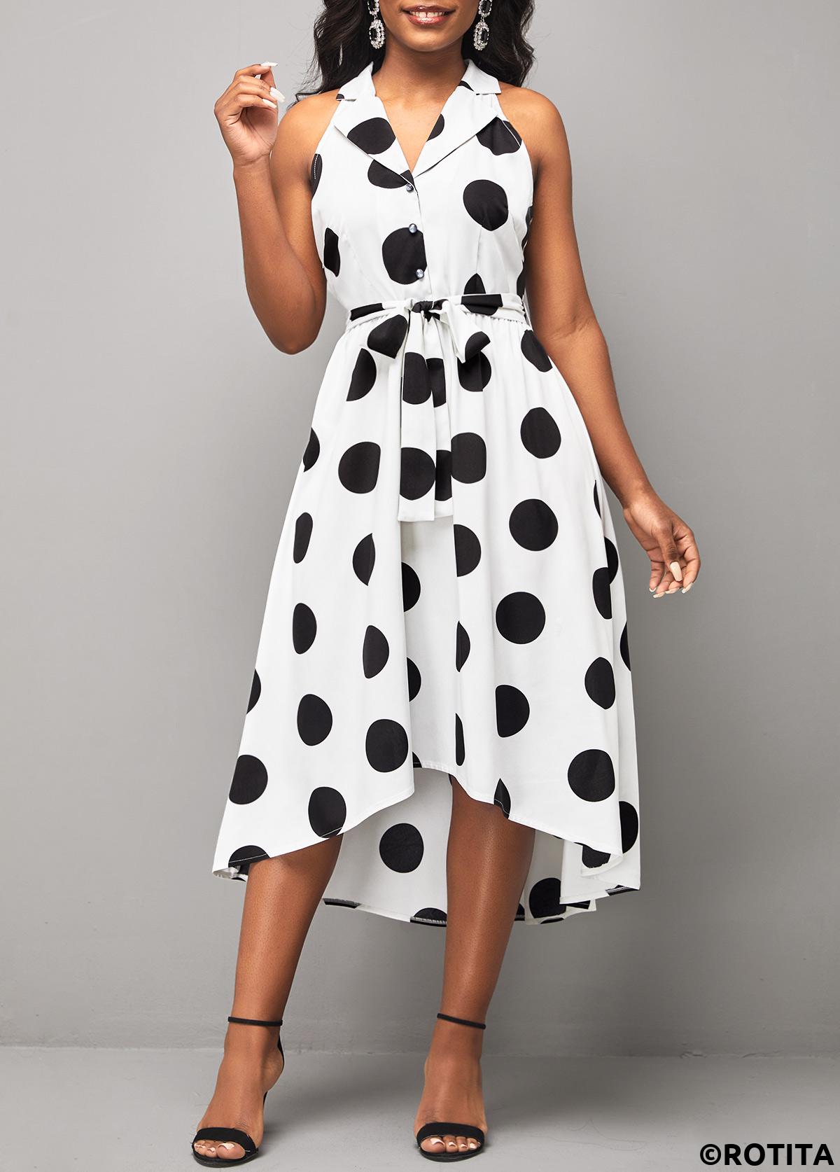 White dresses,Dot dresses,Party dresses,Elegant dresses,ROTITA Turndown Collar Belted Polka Dot White Dress