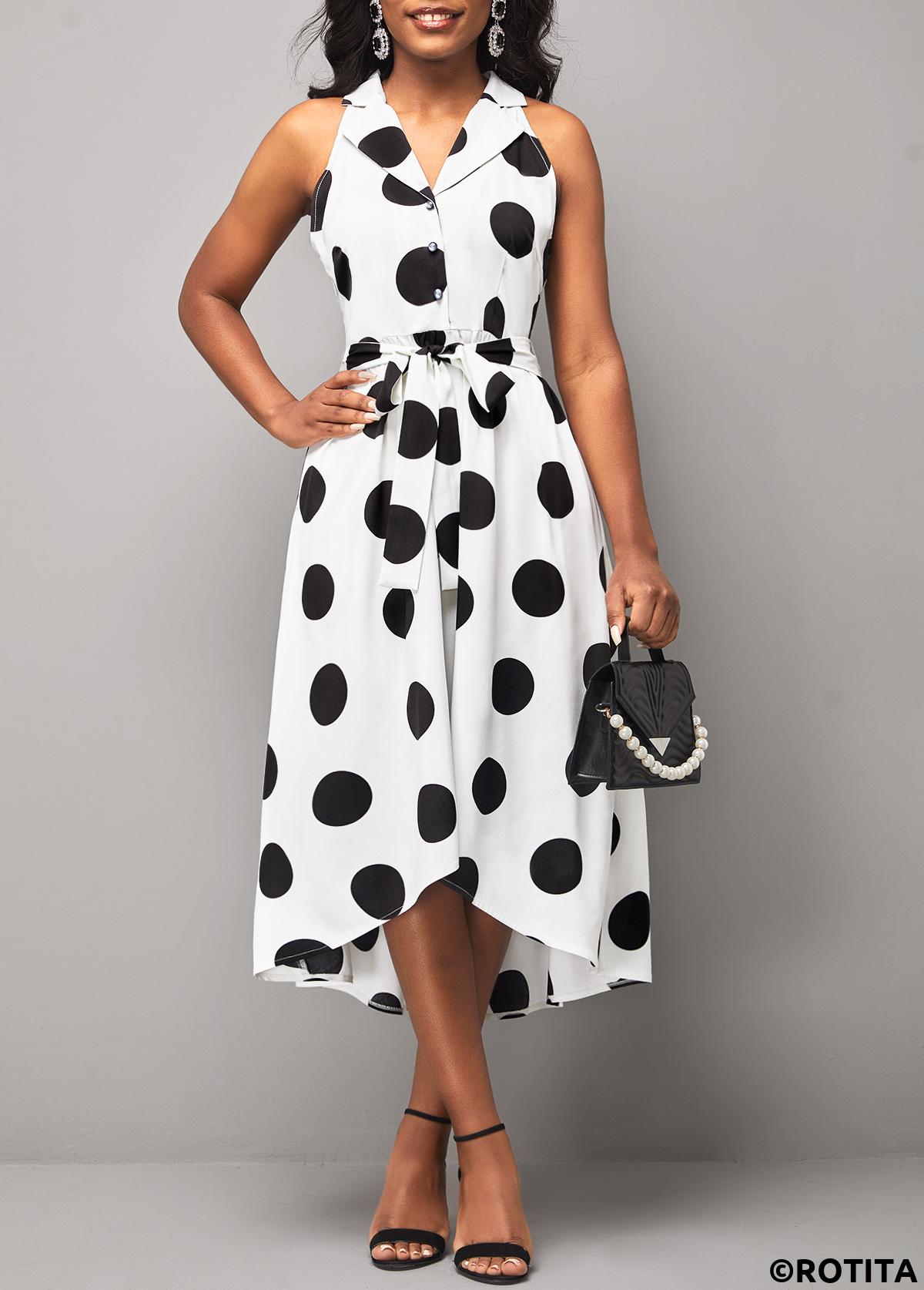 White dresses,Dot dresses,Party dresses,Elegant dresses,ROTITA Turndown Collar Belted Polka Dot White Dress