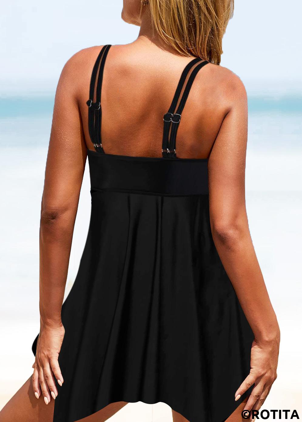 Black swimwear,Plaid swimwear,ROTITA Checkered Print Black Asymmetric Hem Swimdress Top