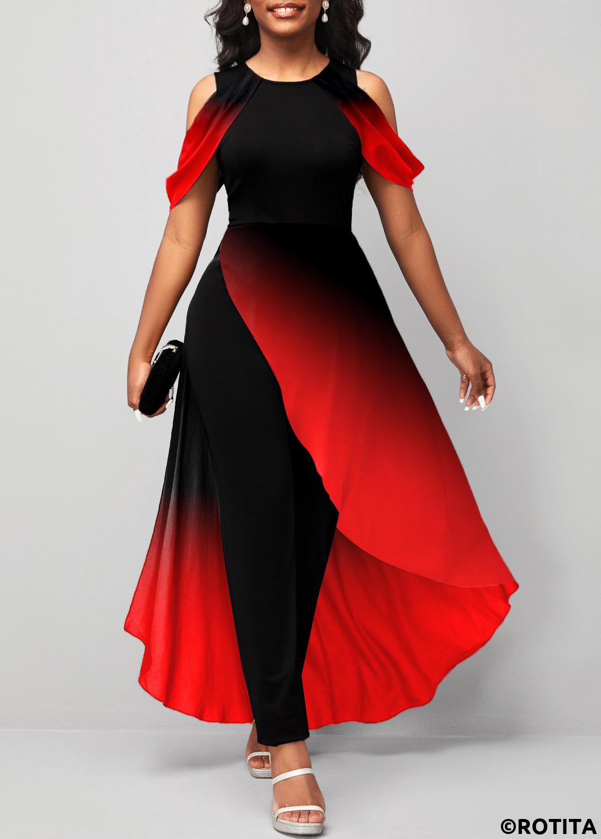 Red jumpsuits&rompers,Black jumpsuits&rompers,Ombre jumpsuits&rompers,Asymmetry Ombre Red Ankle Length Jogger Round Neck Jumpsuit