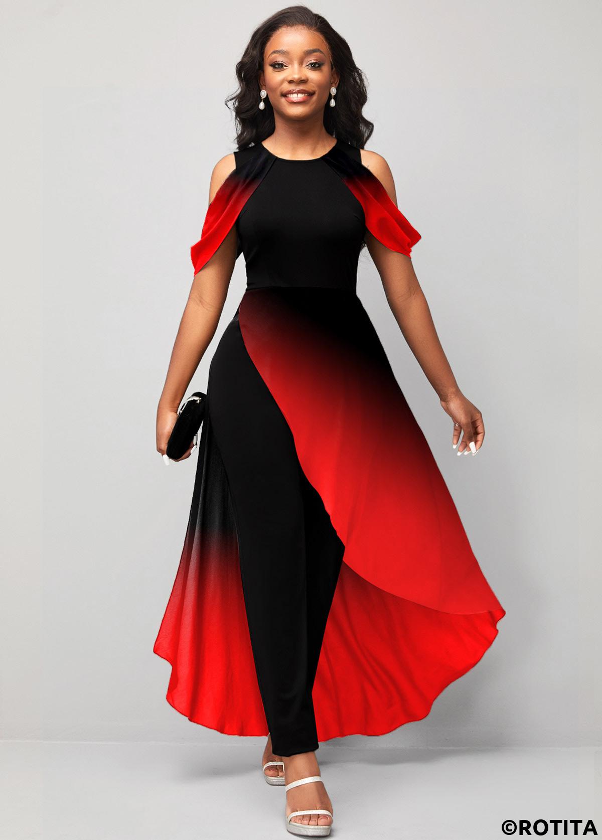 Red jumpsuits&rompers,Black jumpsuits&rompers,Ombre jumpsuits&rompers,Asymmetry Ombre Red Ankle Length Jogger Round Neck Jumpsuit