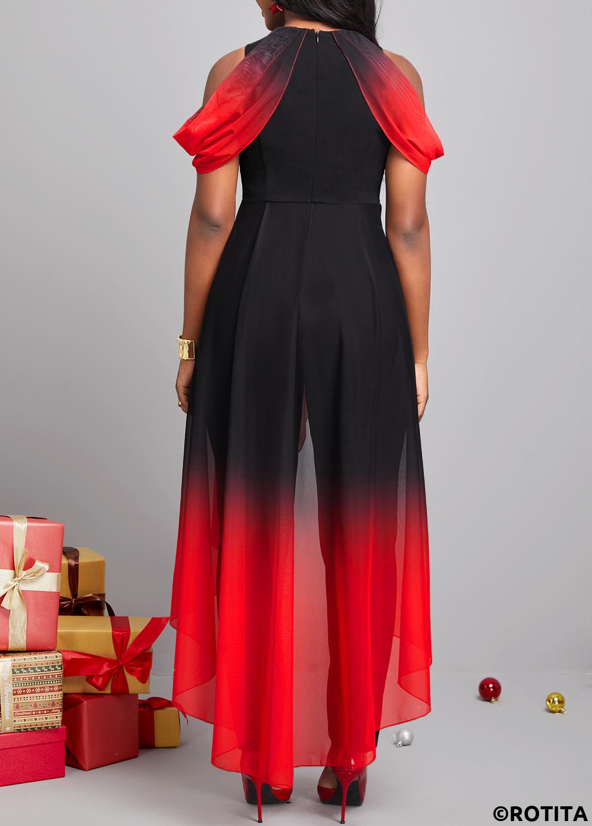 Red jumpsuits&rompers,Black jumpsuits&rompers,Ombre jumpsuits&rompers,Asymmetry Ombre Red Ankle Length Jogger Round Neck Jumpsuit