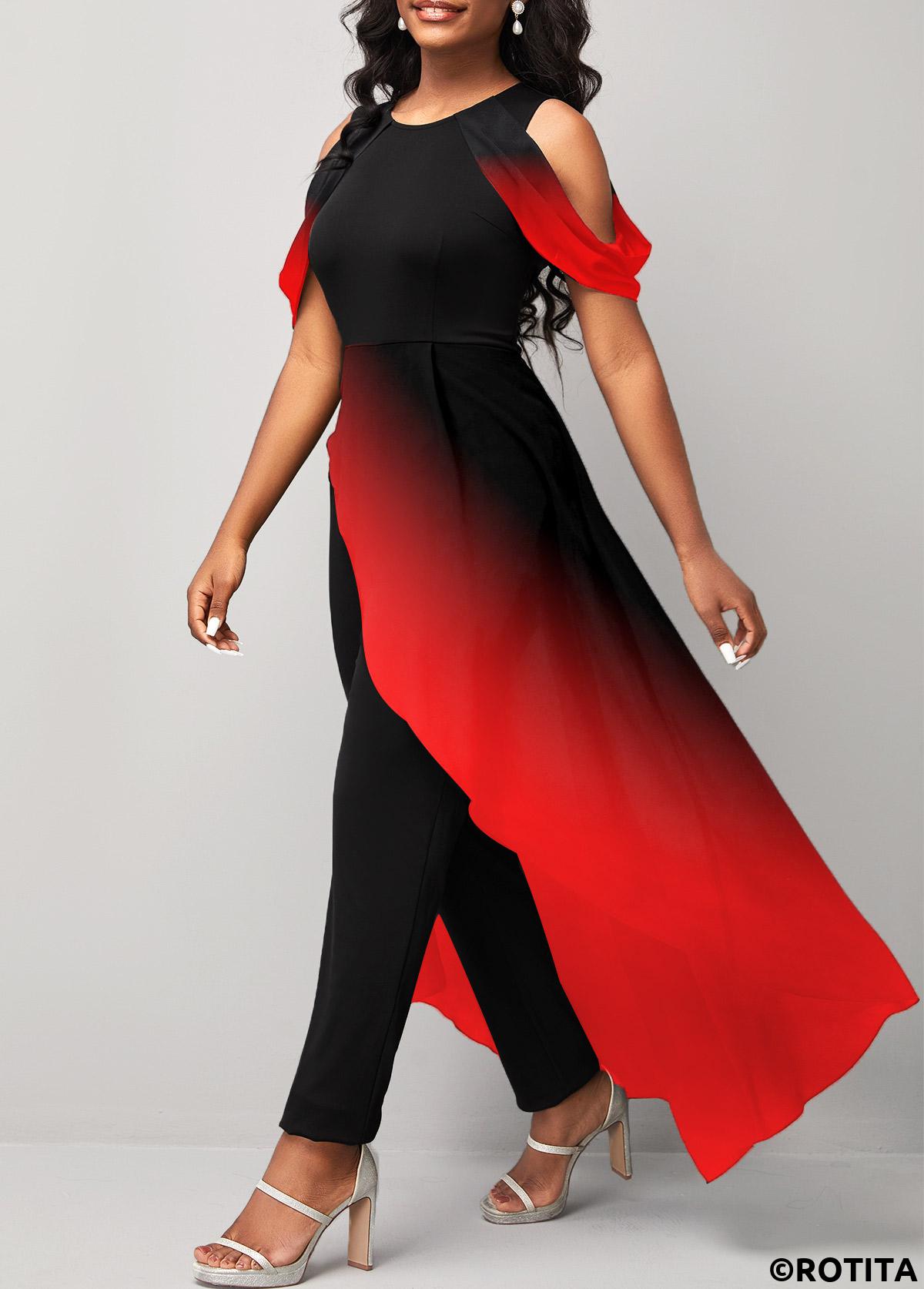 Red jumpsuits&rompers,Black jumpsuits&rompers,Ombre jumpsuits&rompers,Asymmetry Ombre Red Ankle Length Jogger Round Neck Jumpsuit