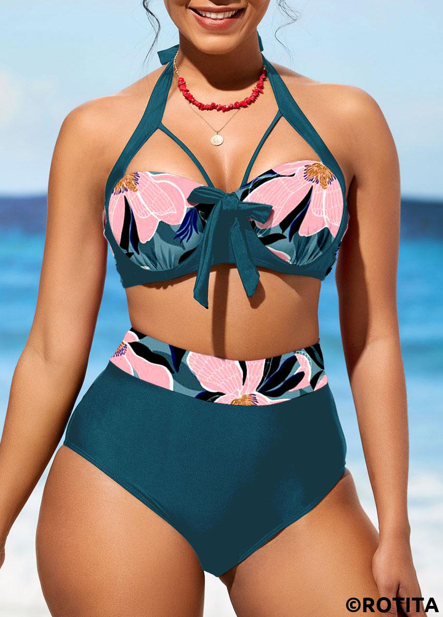 Hoch tailliertes pfauenblaues Bikini-Set mit Blumenmuster von Rotita