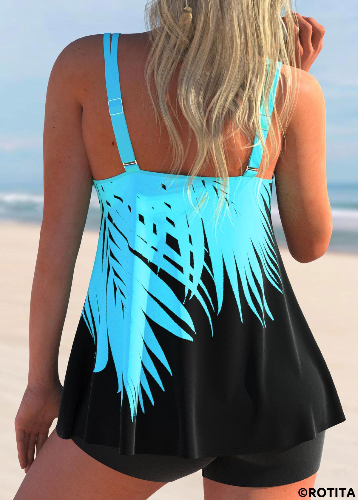 Rotita Cyan-Tankini-Set mit tropischem Pflanzendruck und mittlerer Taille