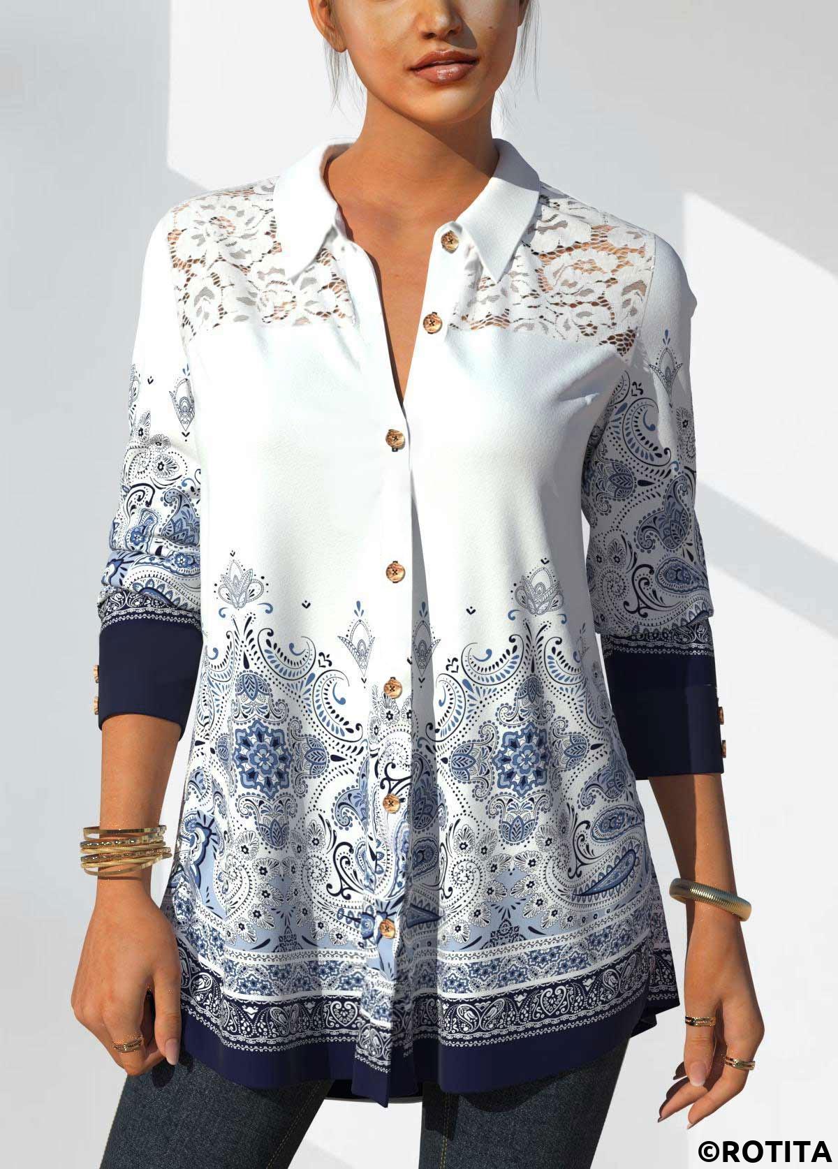 White tops,Tribal tops,ROTITA Tribal Print White Lace Stitching Blouse