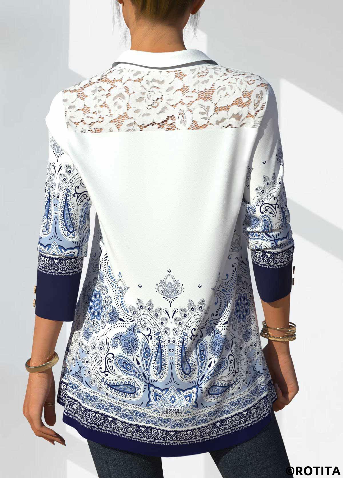 White tops,Tribal tops,ROTITA Tribal Print White Lace Stitching Blouse