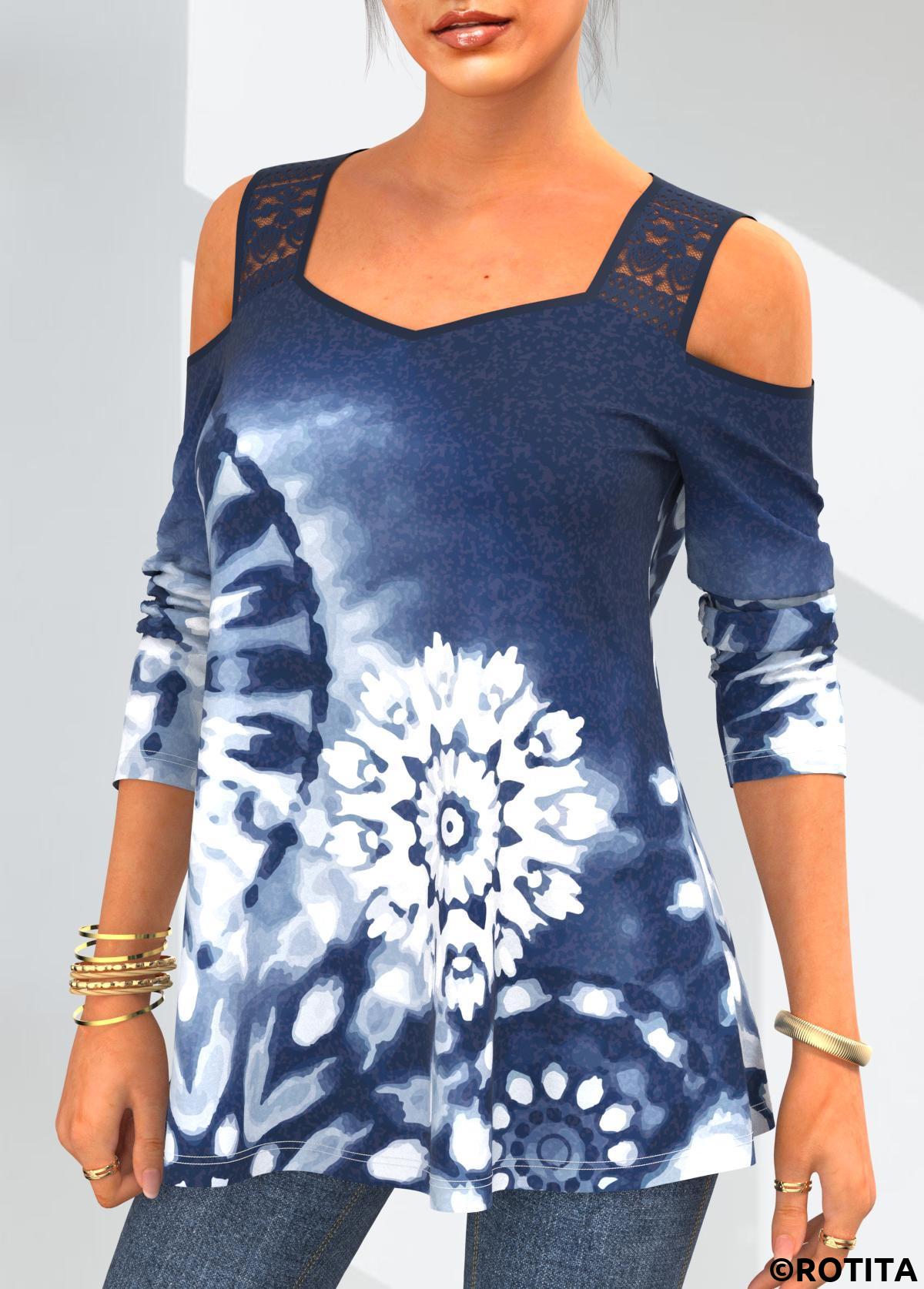 Blue tops,Tie Dye tops,ROTITA Lace Stitching Tie Dye Print Blue T Shirt