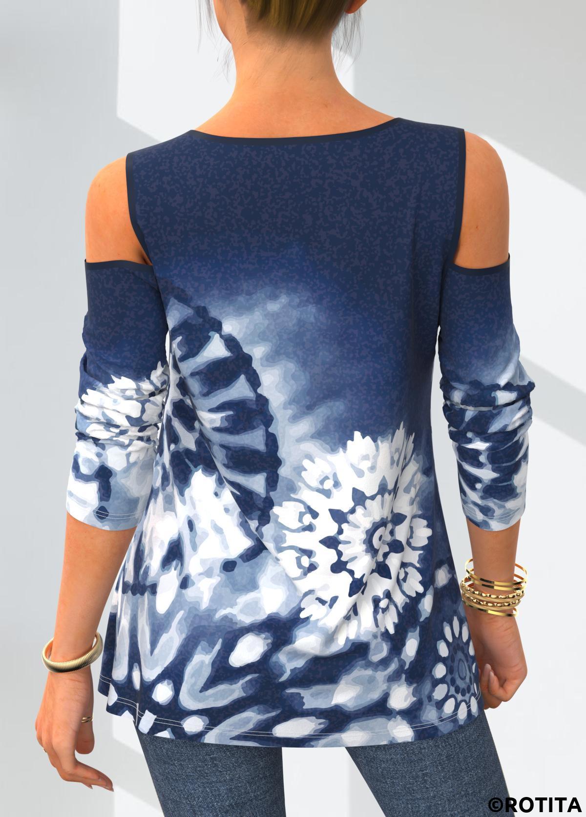 Blue tops,Tie Dye tops,ROTITA Lace Stitching Tie Dye Print Blue T Shirt